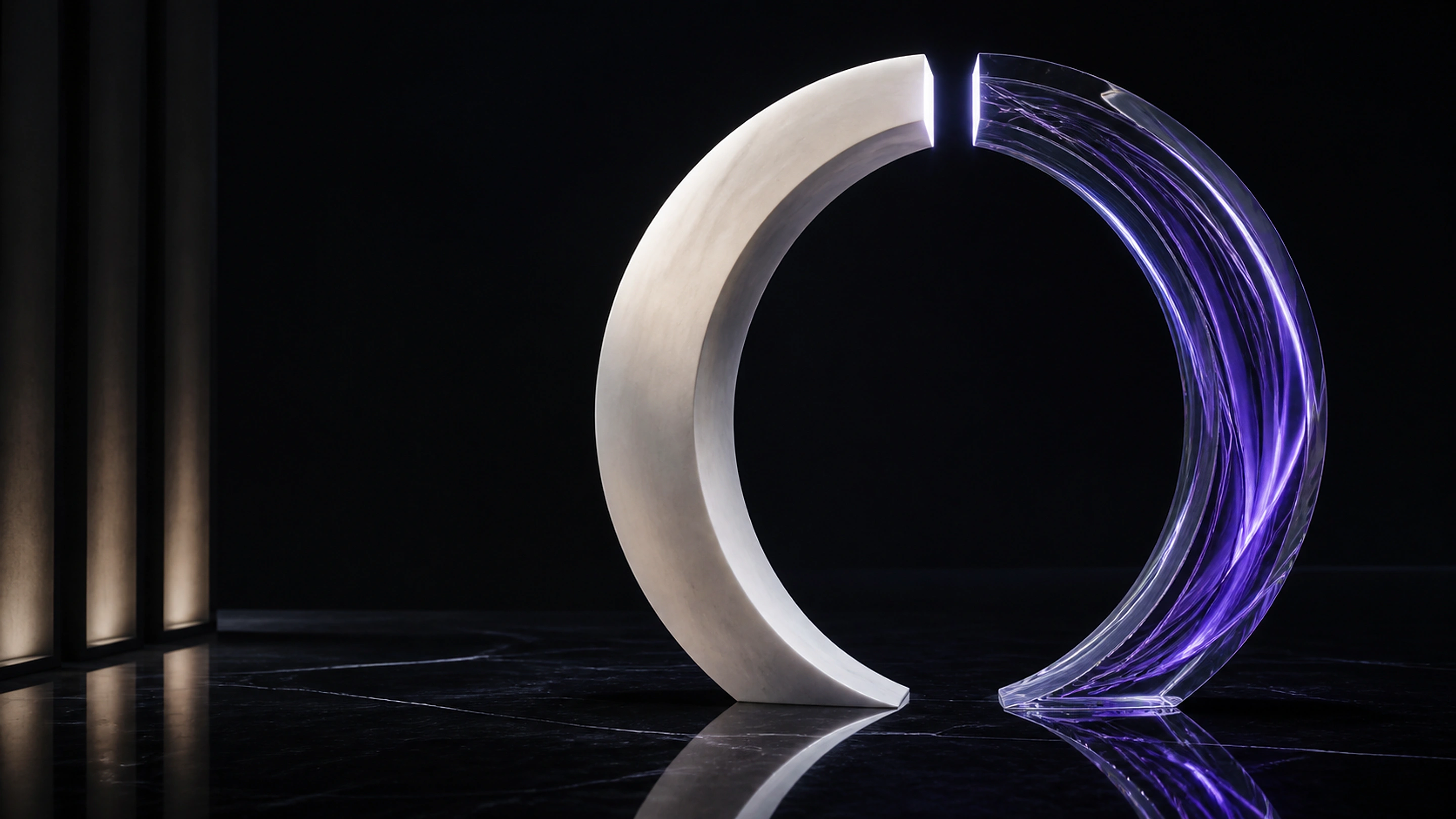 Pearl and crystal sculptural forms meeting to represent human and artificial intelligence